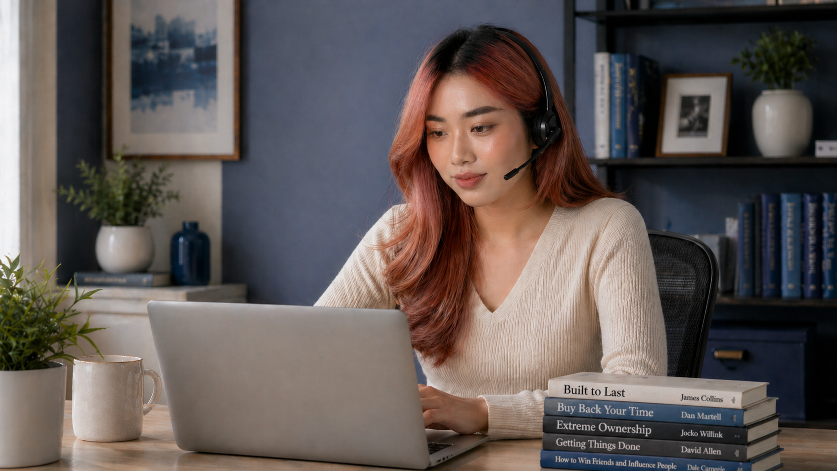 Vetted Philippine Executive Assistant at her desk, headset on, focused on a client task