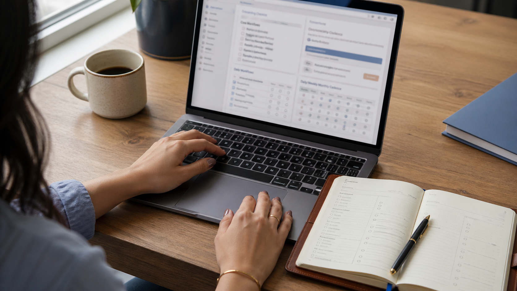 Operating Playbook in use: laptop with task tracker open, notebook, hands on keyboard